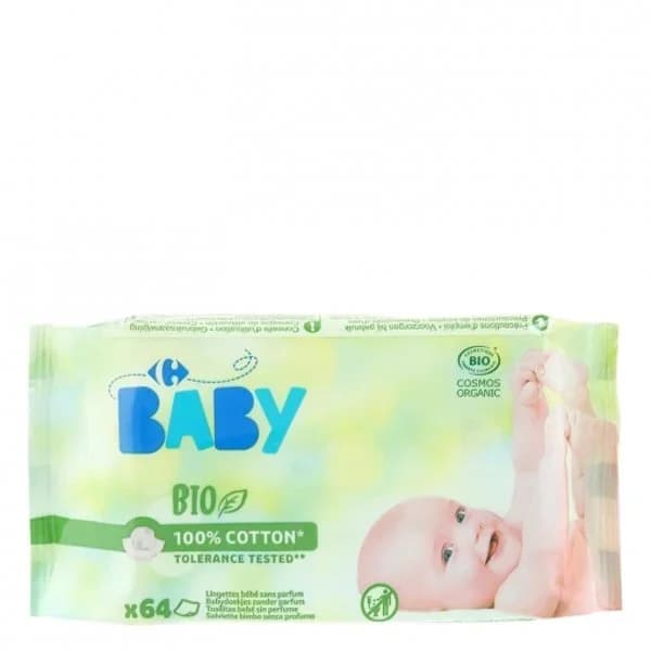 Toallitas para bebé sin perfume ecológicas Carrefour Bio 64 ud. - 63.75 ud - Imagen del producto en Findit