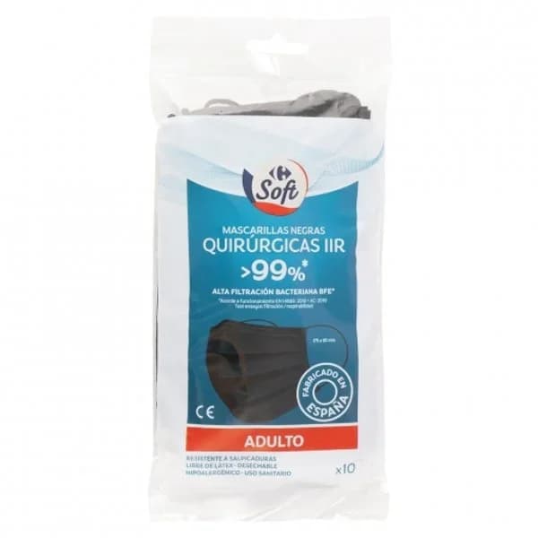 Mascarilla quirúrgica desechable tipo IIR negras para adulto Soft Carrefour pack de 10 ud. - 9.9 ud - Imagen del producto en Findit